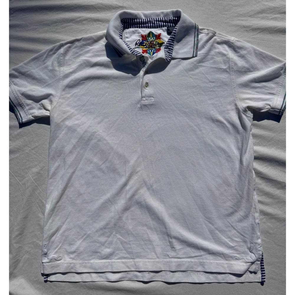 Robert Graham Mens White Pima Cotton Polo Shirt Large Embroidered Crest Accent
